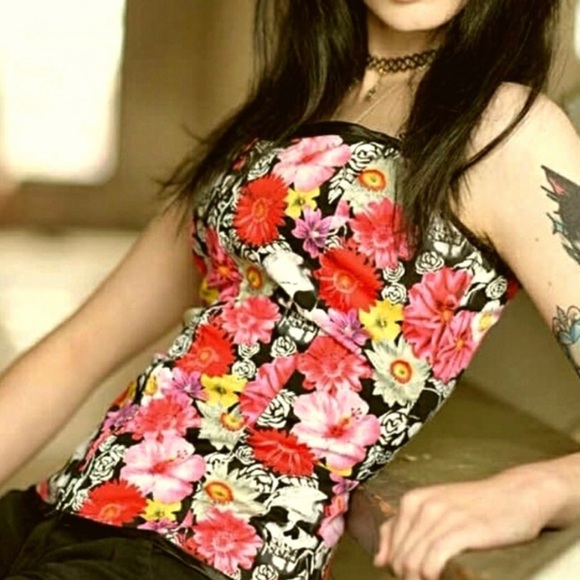 HELL BUNNY Skull & Daisy Floral Corset Top - Picture 1 of 11